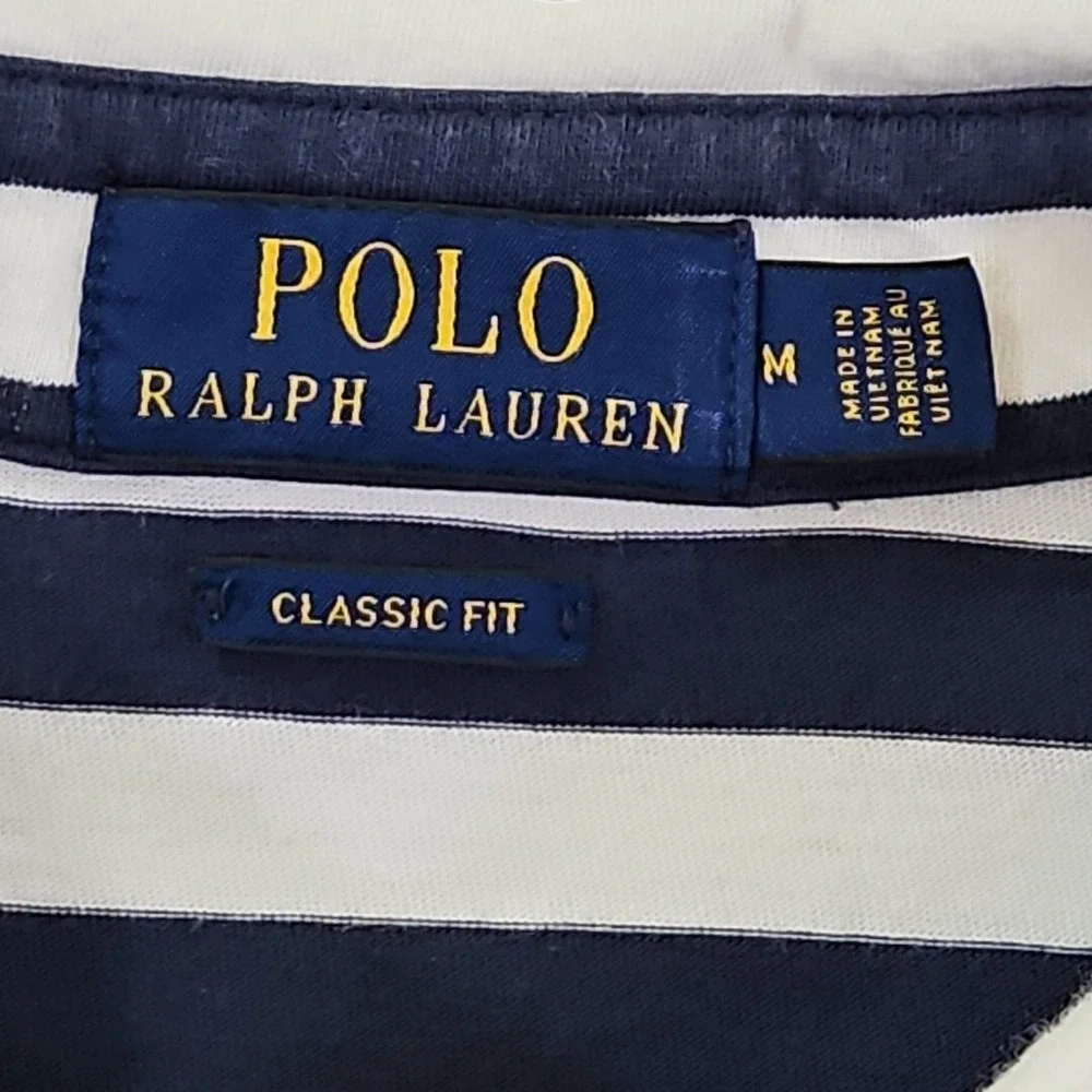 Polo Ralph Lauren Navy Blue Stripe Polo Shirt Men's M Medium Short Sleeve EUC LN